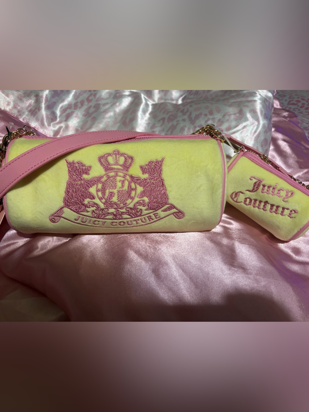 Juicy Couture Yellow Velvet Shoulder Bag with Pink Trim